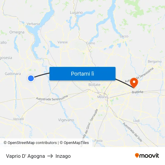 Vaprio D' Agogna to Inzago map