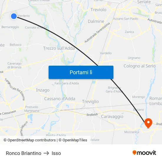 Ronco Briantino to Isso map