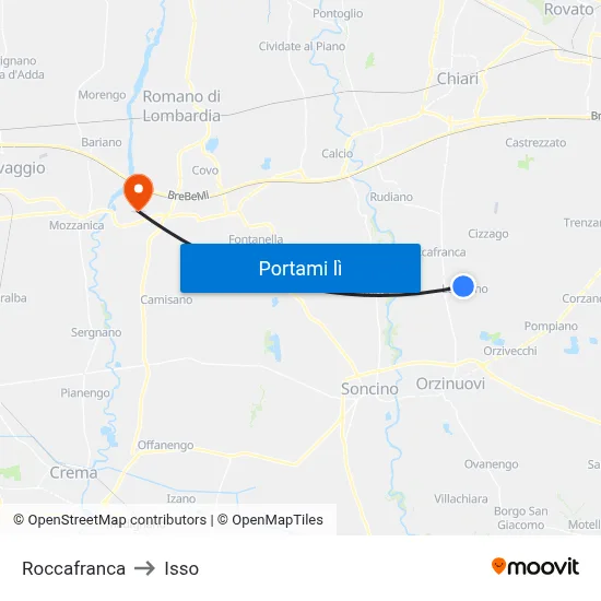 Roccafranca to Isso map