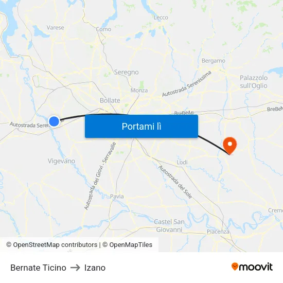 Bernate Ticino to Izano map