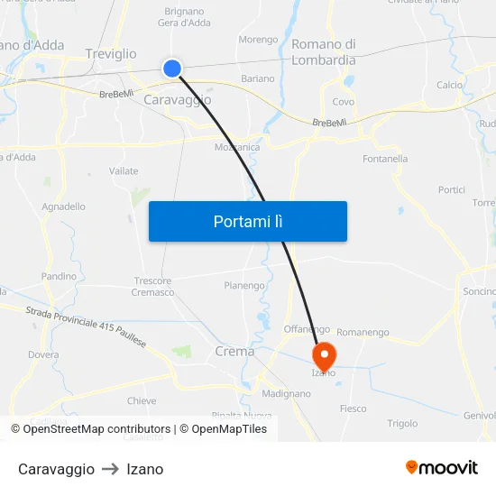 Caravaggio to Izano map