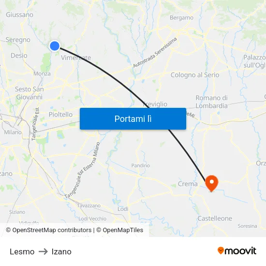Lesmo to Izano map