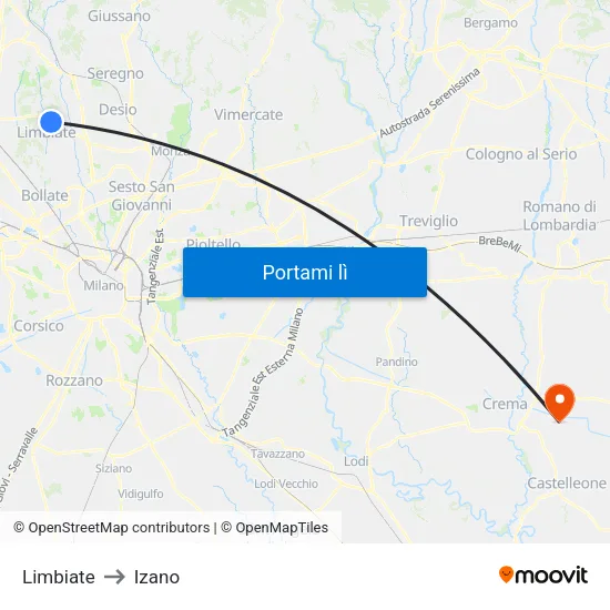 Limbiate to Izano map
