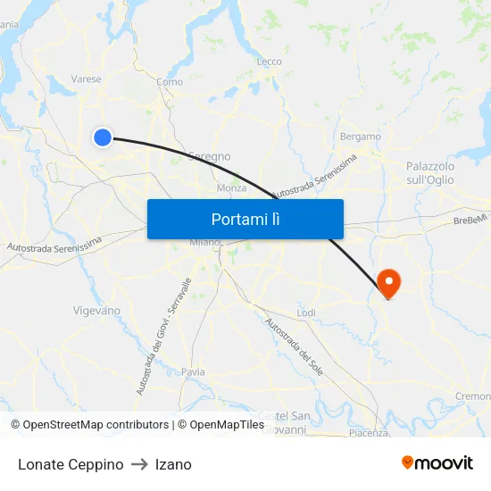 Lonate Ceppino to Izano map
