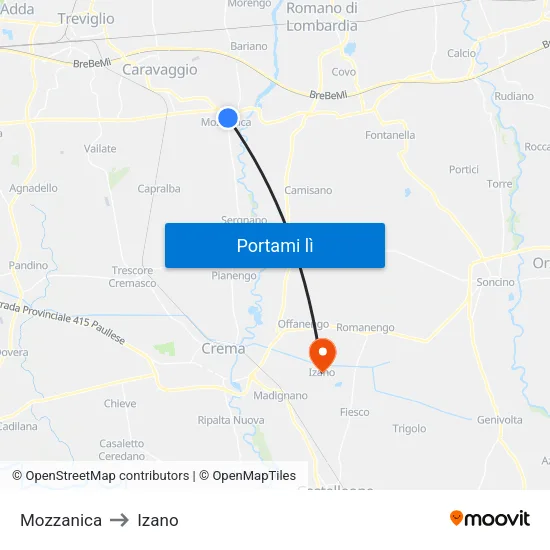 Mozzanica to Izano map