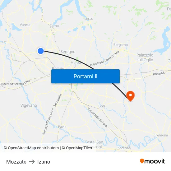 Mozzate to Izano map