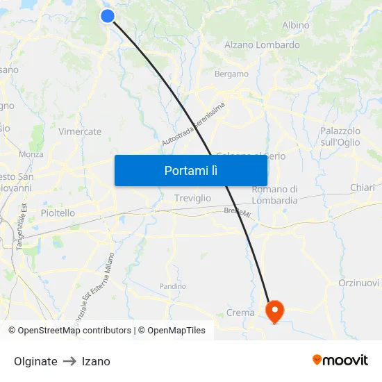 Olginate to Izano map