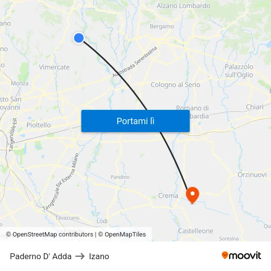 Paderno D' Adda to Izano map