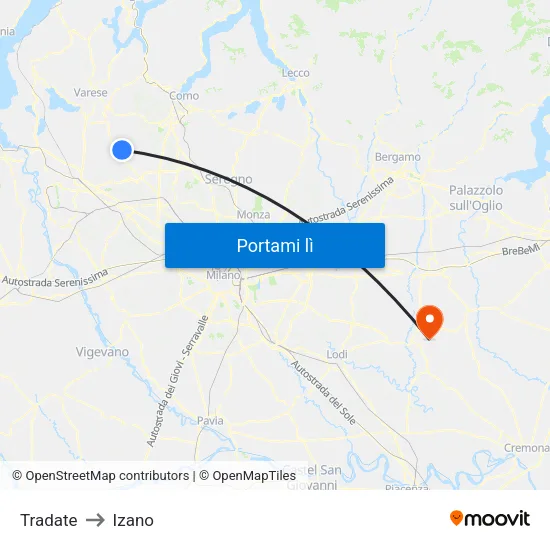 Tradate to Izano map