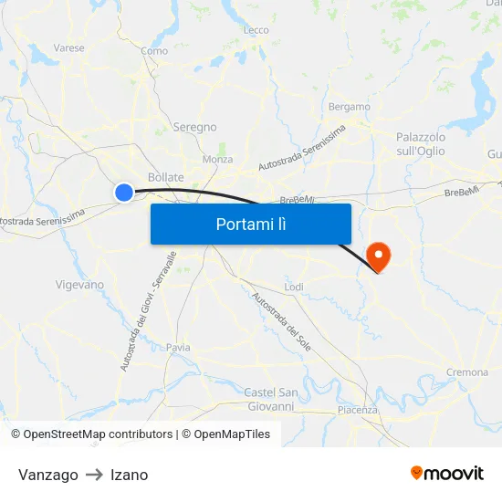 Vanzago to Izano map