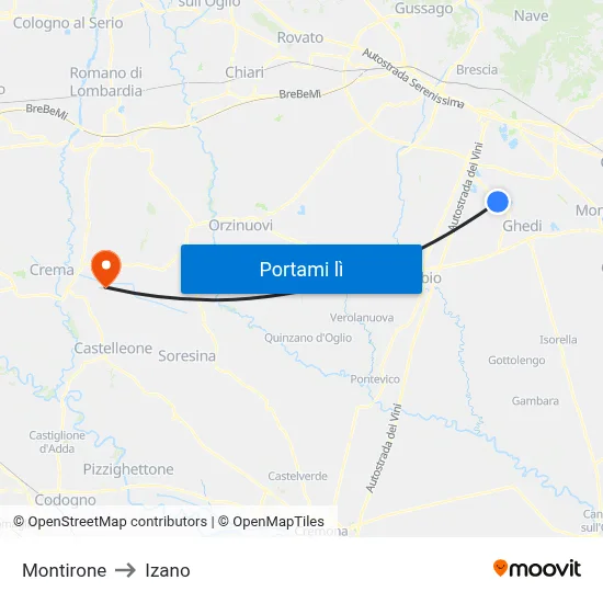 Montirone to Izano map