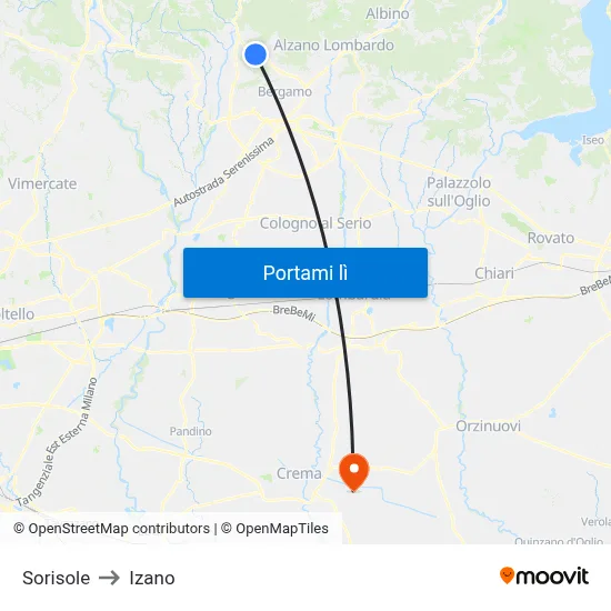 Sorisole to Izano map