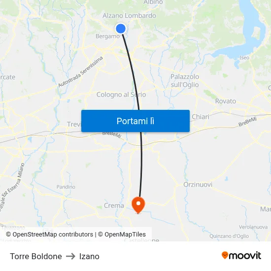 Torre Boldone to Izano map