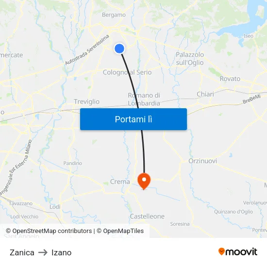 Zanica to Izano map