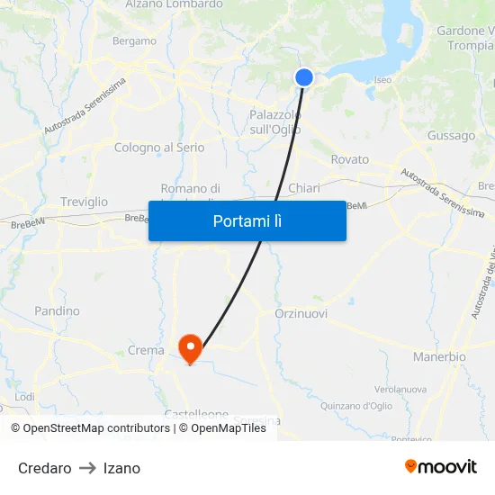 Credaro to Izano map