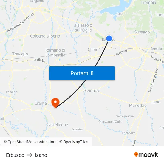 Erbusco to Izano map
