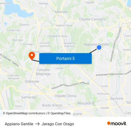 Appiano Gentile to Jerago Con Orago map