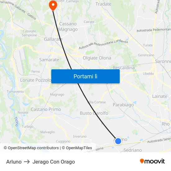 Arluno to Jerago Con Orago map