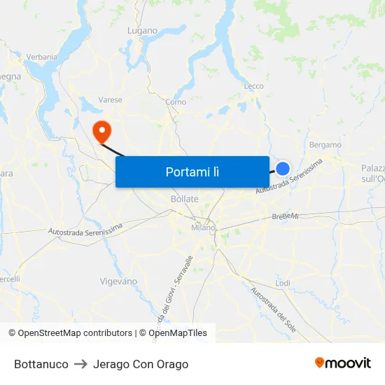 Bottanuco to Jerago Con Orago map