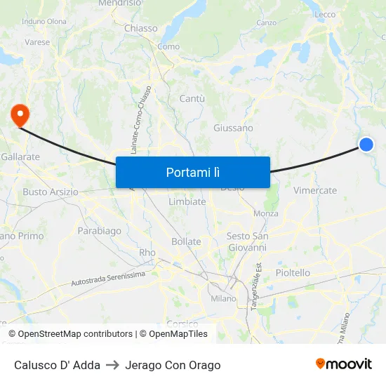 Calusco D' Adda to Jerago Con Orago map