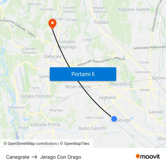 Canegrate to Jerago Con Orago map