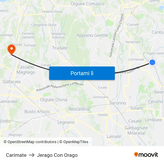 Carimate to Jerago Con Orago map