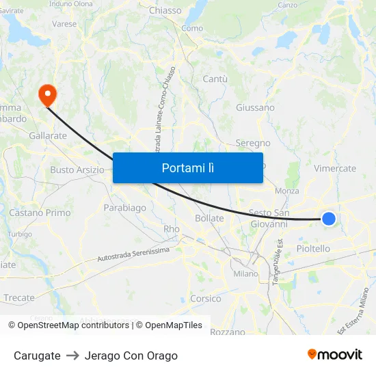 Carugate to Jerago Con Orago map