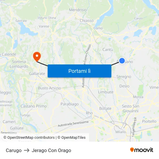 Carugo to Jerago Con Orago map