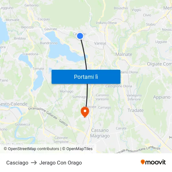 Casciago to Jerago Con Orago map