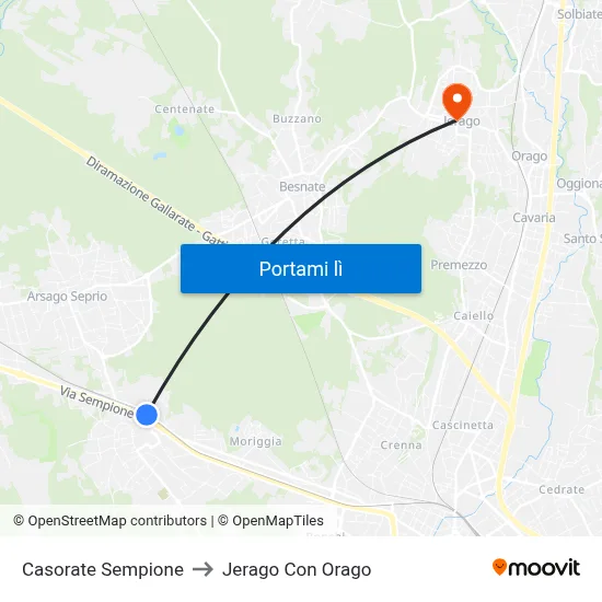 Casorate Sempione to Jerago Con Orago map