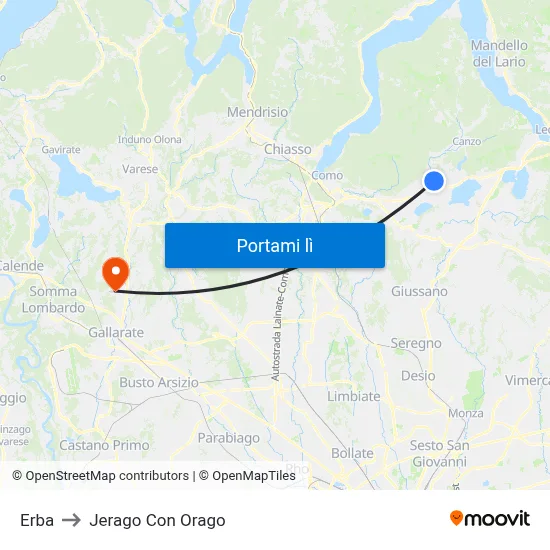 Erba to Jerago Con Orago map