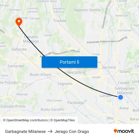 Garbagnate Milanese to Jerago Con Orago map