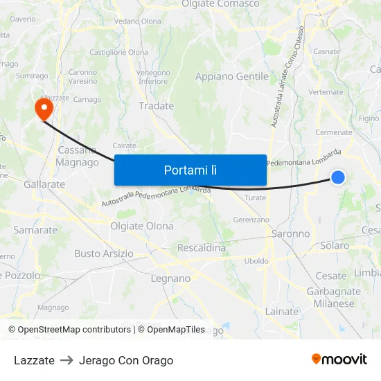 Lazzate to Jerago Con Orago map