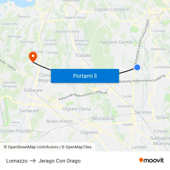 Lomazzo to Jerago Con Orago map