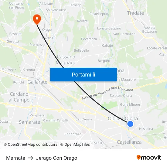Marnate to Jerago Con Orago map