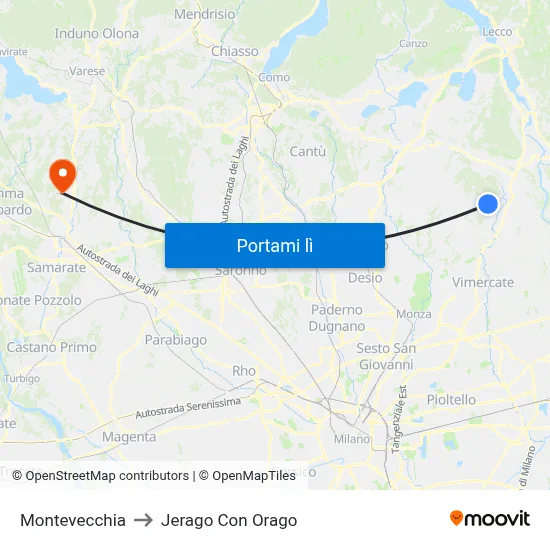 Montevecchia to Jerago Con Orago map