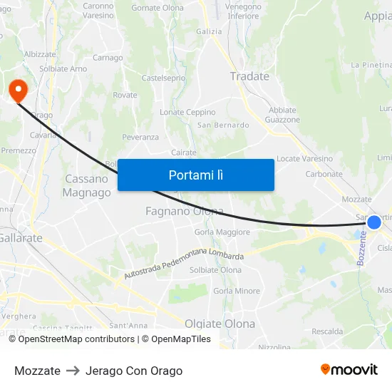 Mozzate to Jerago Con Orago map
