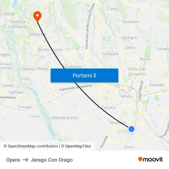 Opera to Jerago Con Orago map