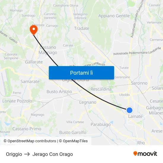 Origgio to Jerago Con Orago map