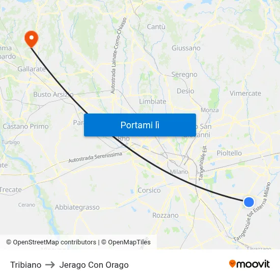 Tribiano to Jerago Con Orago map