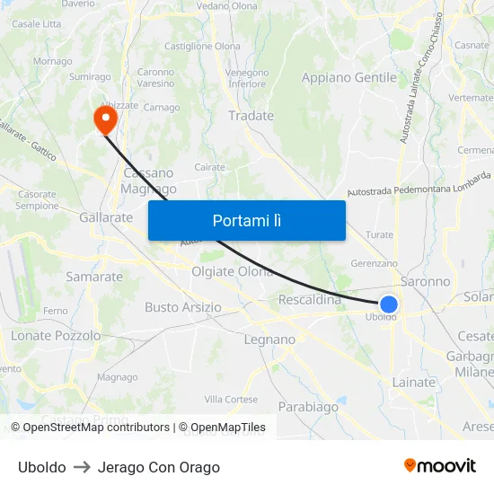 Uboldo to Jerago Con Orago map