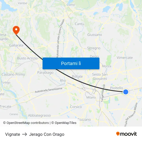 Vignate to Jerago Con Orago map