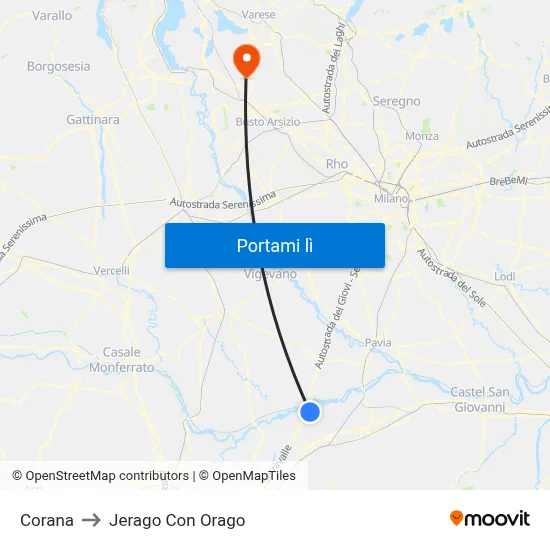 Corana to Jerago Con Orago map