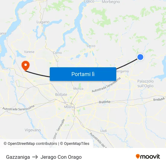 Gazzaniga to Jerago Con Orago map
