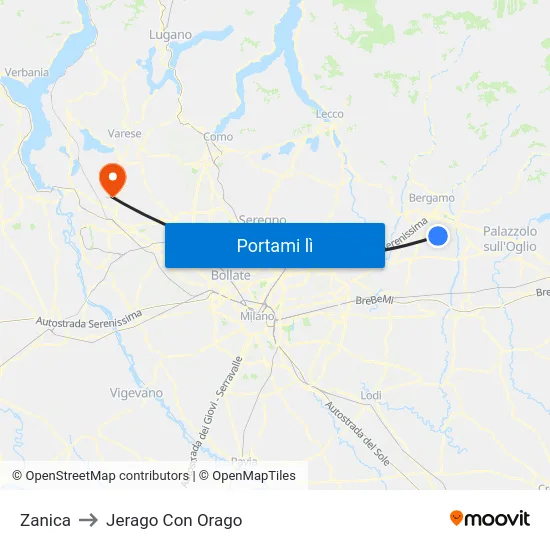 Zanica to Jerago Con Orago map