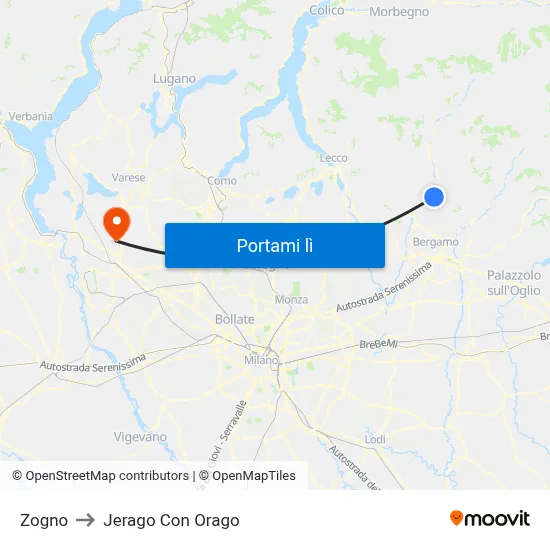 Zogno to Jerago Con Orago map