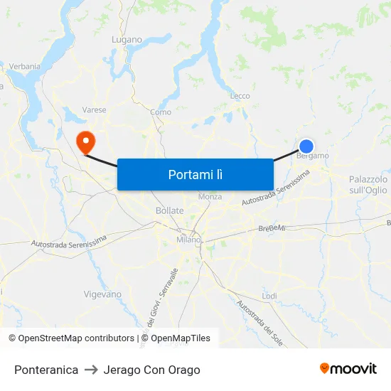 Ponteranica to Jerago Con Orago map