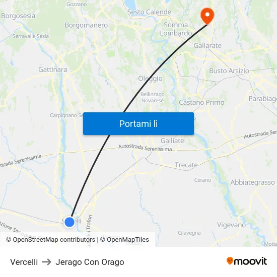 Vercelli to Jerago Con Orago map
