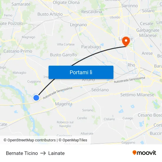 Bernate Ticino to Lainate map