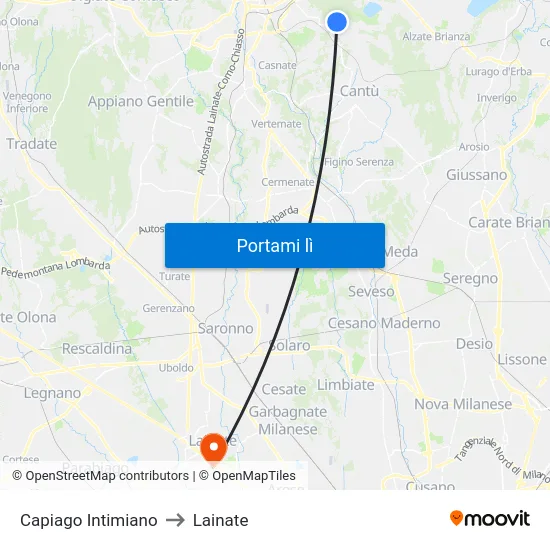 Capiago Intimiano to Lainate map